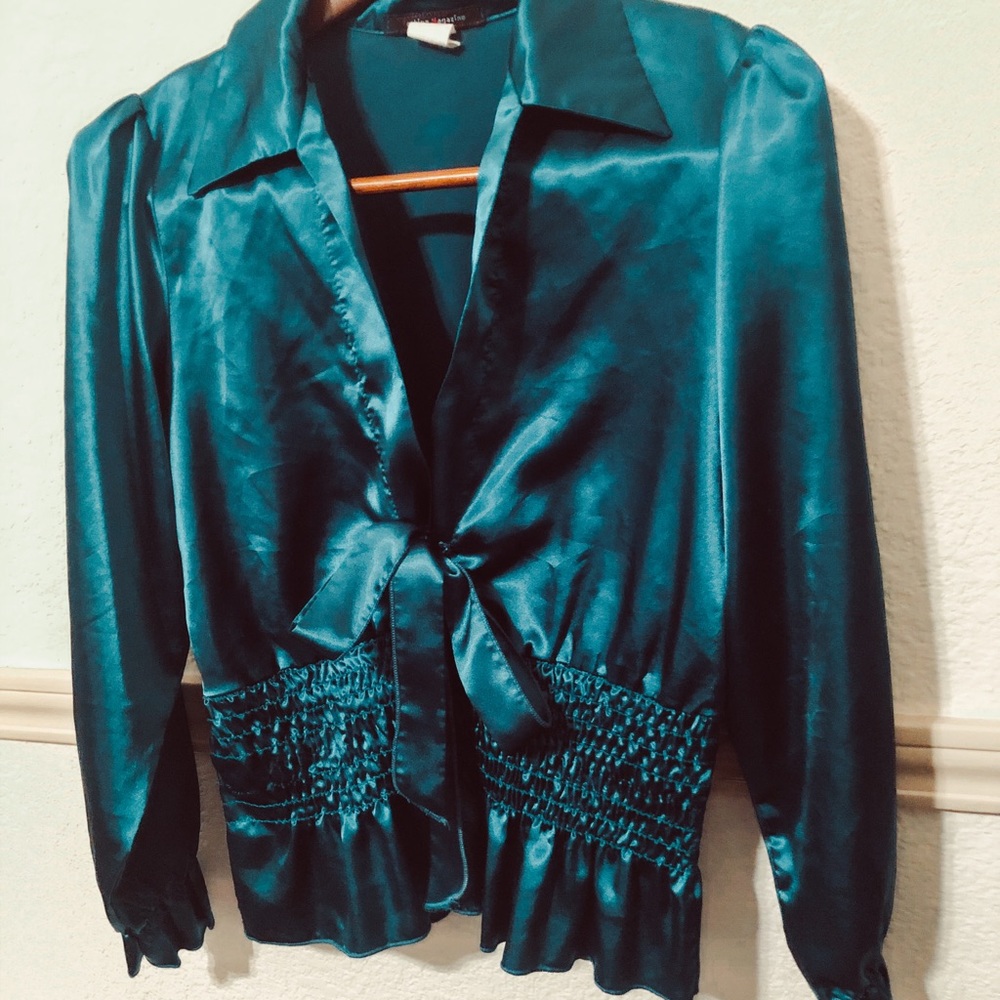 Teal Satin Tie Blouse
